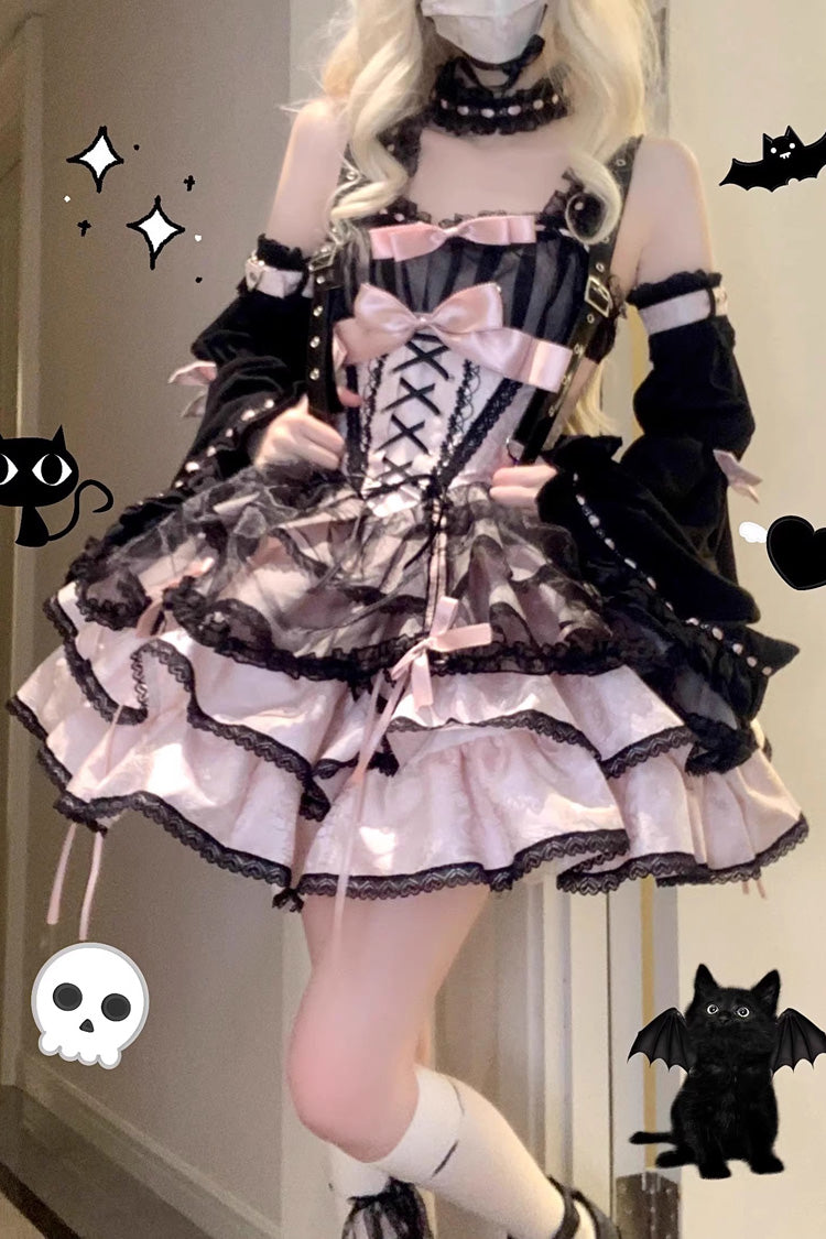 Black/Pink Sleeveless Multi-layer Ruffle Bowknot Lace-Up Gothic Princess Lolita Jsk Dress - Product - 3