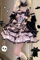 Black/Pink Sleeveless Multi-layer Ruffle Bowknot Lace-Up Gothic Princess Lolita Jsk Dress - Product - 3