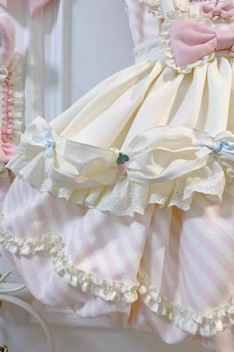 [Puppy Pastry Chef] Lapel Collar Printed Ruffled Embroidered Bow Lace Asymmetric Sweet Lolita Dress 3 Colors (Yellow, Blue, Pink) - Product - 7