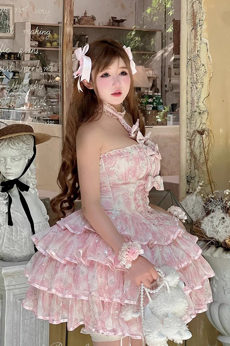 Pink [Broken Silver Rose] Halterneck Sleeveless Multi-Layered Ruffle Bowknot Sweet Princess Lolita Tiered Dress - Product - 6