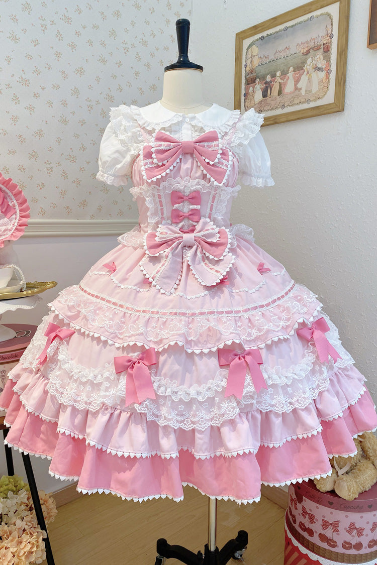 Pink [Fondant Cake] Sleeveless Multi-Layered Ruffle Bowknot Lace Sweet Lolita Jsk Dress - Product - 3