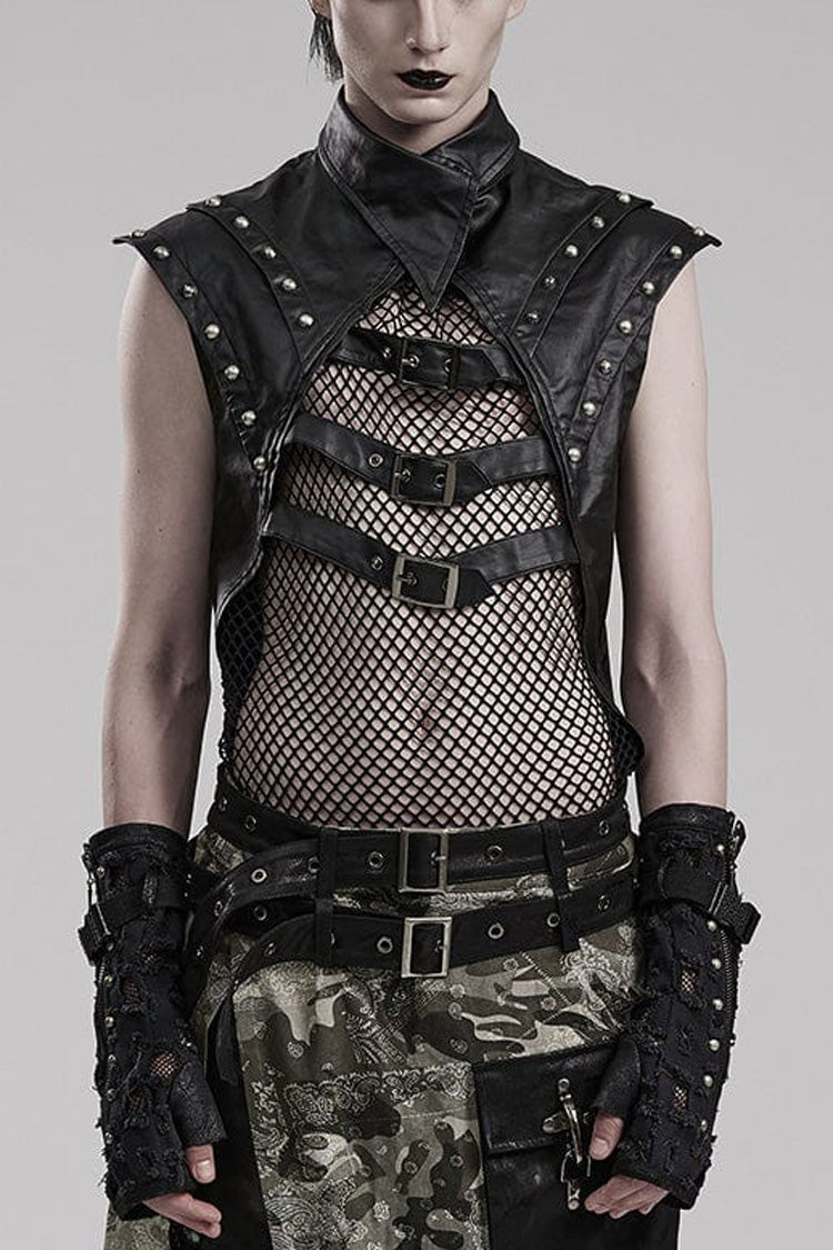 Black Faux Leather Stitching Mesh Sheer Metal Rivets Mens Steampunk Vest - Black - 1