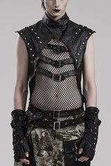 Black Faux Leather Stitching Mesh Sheer Metal Rivets Mens Steampunk Vest - Black - 1