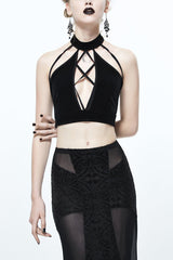Black Chest Lace Up Dense Velvet Moon Pendant Backless Women's Gothic Vest - Black - 1