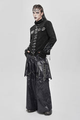 Black Stand Collar Long Sleeves Faux Leather Stitching Chain Eyelet Men's Punk Blouse - Product - 6