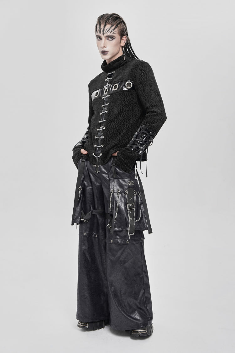 Black Stand Collar Long Sleeves Faux Leather Stitching Chain Eyelet Men's Punk Blouse - Product - 6