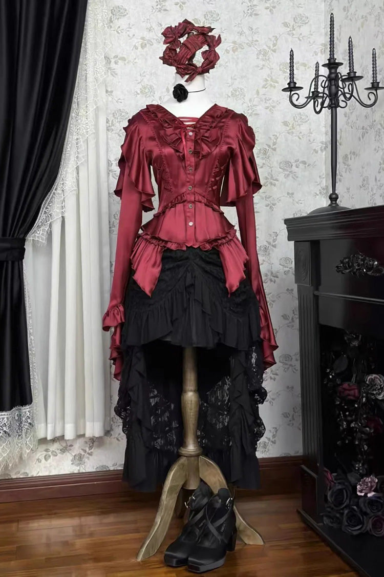 [Echoes of the Deep Sea] Long Hime Sleeves Ruffled Bow Lace-Up Gothic Ouji Lolita Blouse 4 Colors - Product - 11