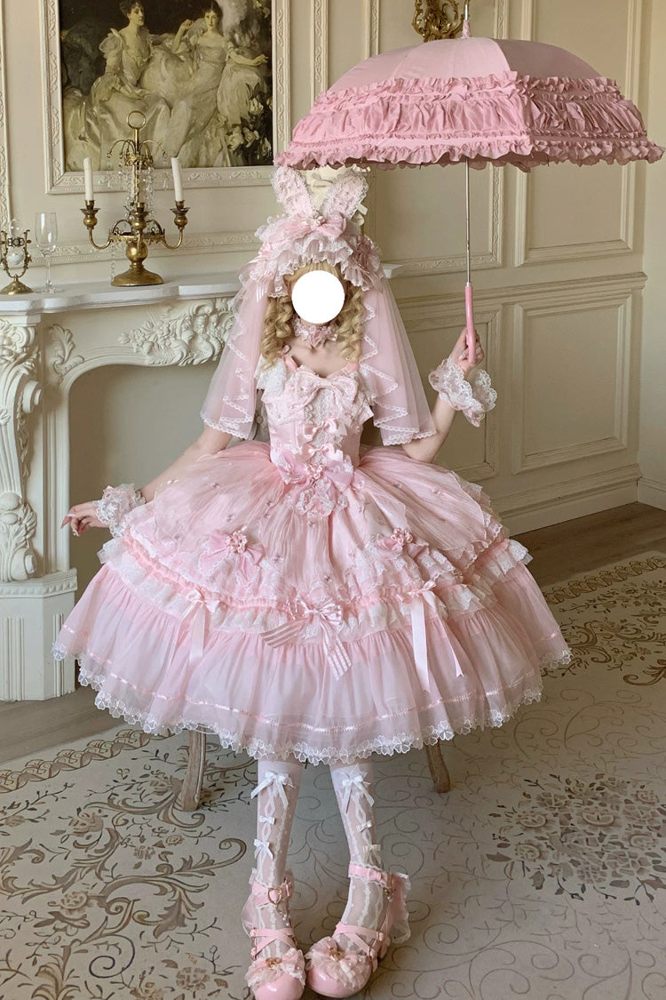 Pink [Sakura Bunny Ballad] Square Collar Flutter Sleeves Jacquard Ruffled Bow Lace Sweet Elegant Luxurious Long Lolita Jsk Dress - Product - 6
