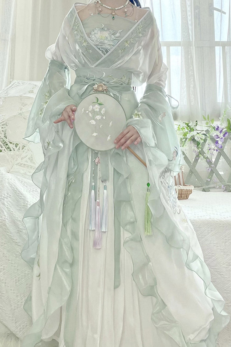 Green High Waisted Print Embroidery Sweet Hanfu Dress Full Set - Product - 4