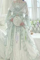 Green High Waisted Print Embroidery Sweet Hanfu Dress Full Set - Product - 4