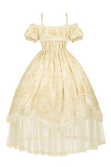 Yellow [Falling Flowers as a Message] Square Collar Short Sleeves Print Ruffle Lace Sweet Elegant Lolita Long Dress - Product - 3