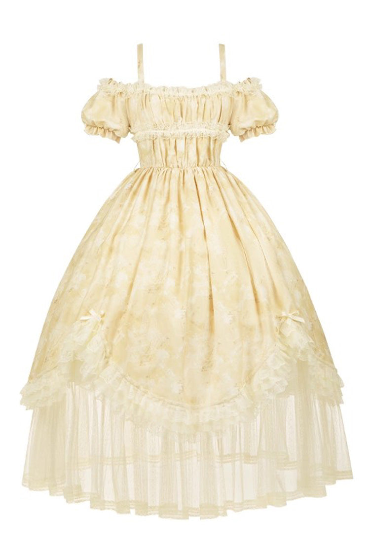 Yellow [Falling Flowers as a Message] Square Collar Short Sleeves Print Ruffle Lace Sweet Elegant Lolita Long Dress - Product - 3