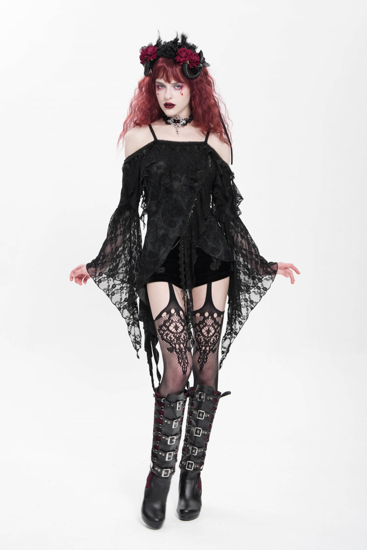 Black Off Shoulder Long Trumpet Sleeves Ruffle Women's Gothic Slip Blouse - Product - 11