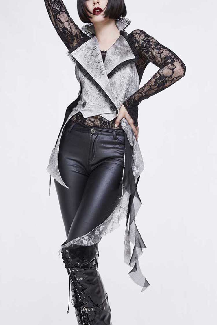 White Painted Back Lace Up Lace Hem Asymmetrical Women's Gothic Waistcoat - White - 1