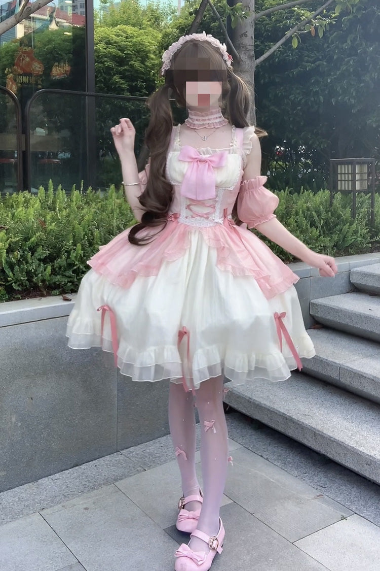 White/Pink [Sweet Sakura Bow] Sleeveless Double-Layered Ruffled Bow Sweet Princess Lolita Jsk Dress - White/Pink - 1