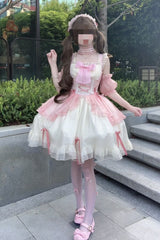 White/Pink [Sweet Sakura Bow] Sleeveless Double-Layered Ruffled Bow Sweet Princess Lolita Jsk Dress - White/Pink - 1