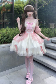 White/Pink Sweet Sakura Bow Sleeveless Double-Layered Ruffled Bow Sweet Princess (Dress Only) front view
