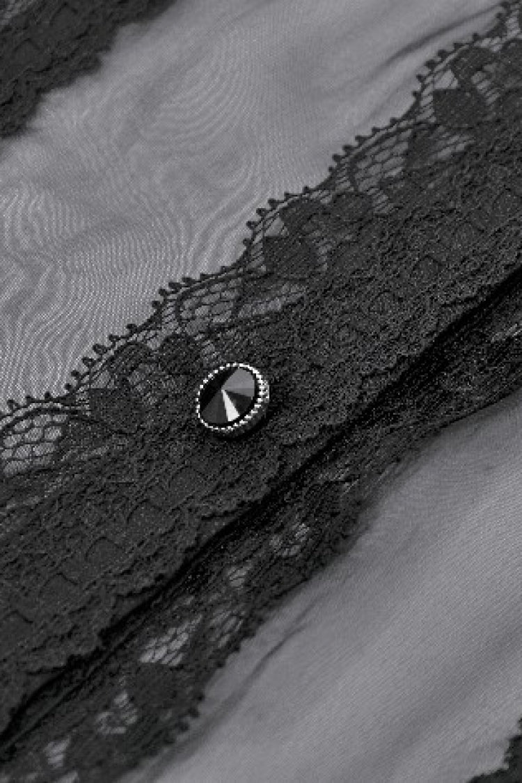 Black Multi-Layered Ruffled Lace Short Puff Sleeves Sheer Women's Courtly Gothic Blouse - Product - 14