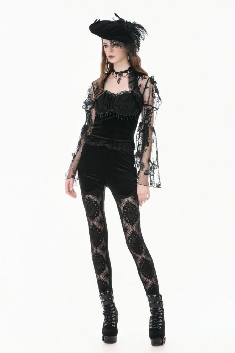 Black Women's Gothic Retro Embroidered Sheer Lace Patchwork Slim Leggings - Product - 8
