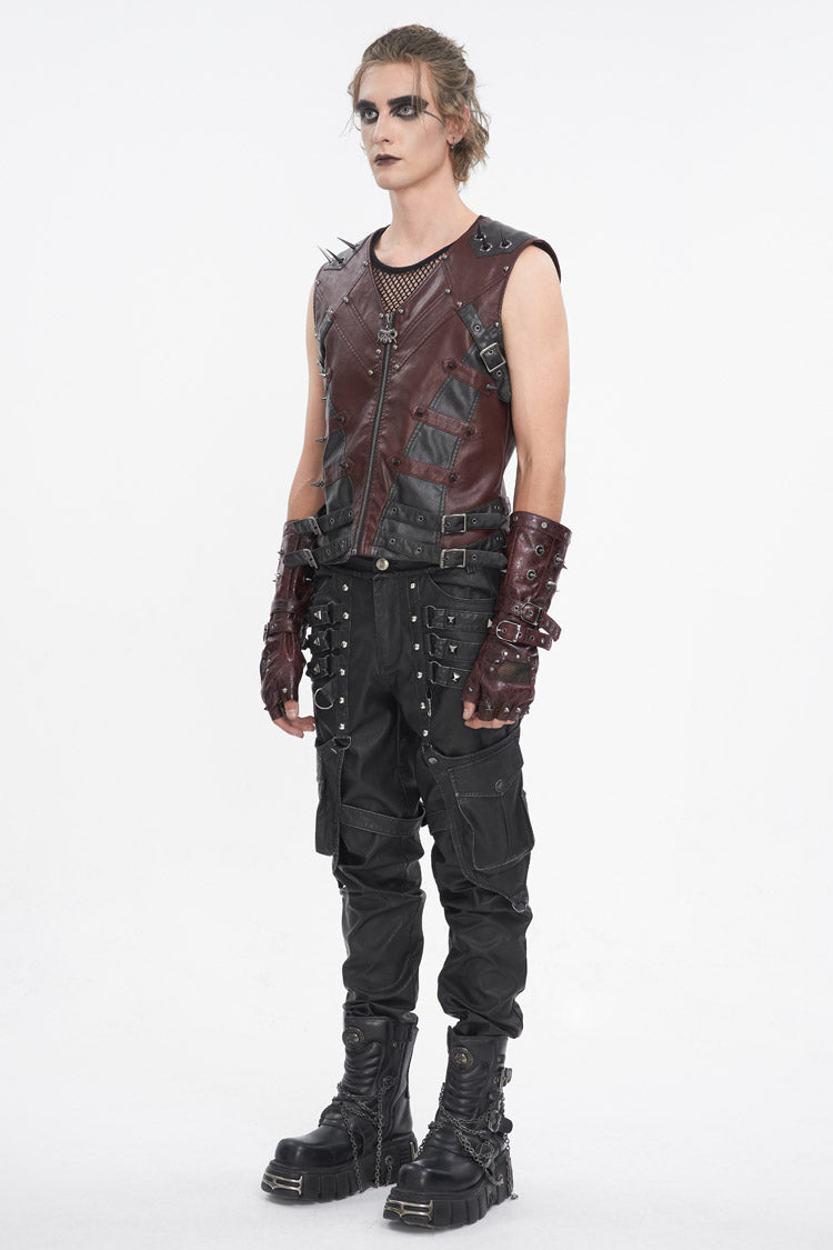 Red Studded Faux Leather Men's Punk Vest - Product - 3