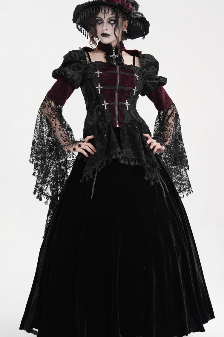 Wine Red Long Sleeves Hollow Lace Tassels Women's Gothic Jacket - Wine Red - 1