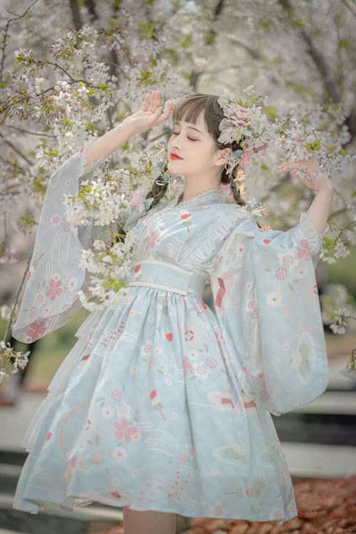 Japanese Trumpet Sleeves Lace Ruffled Cherry Blossom Print Sweet Lolita OP Dress - Product - 5