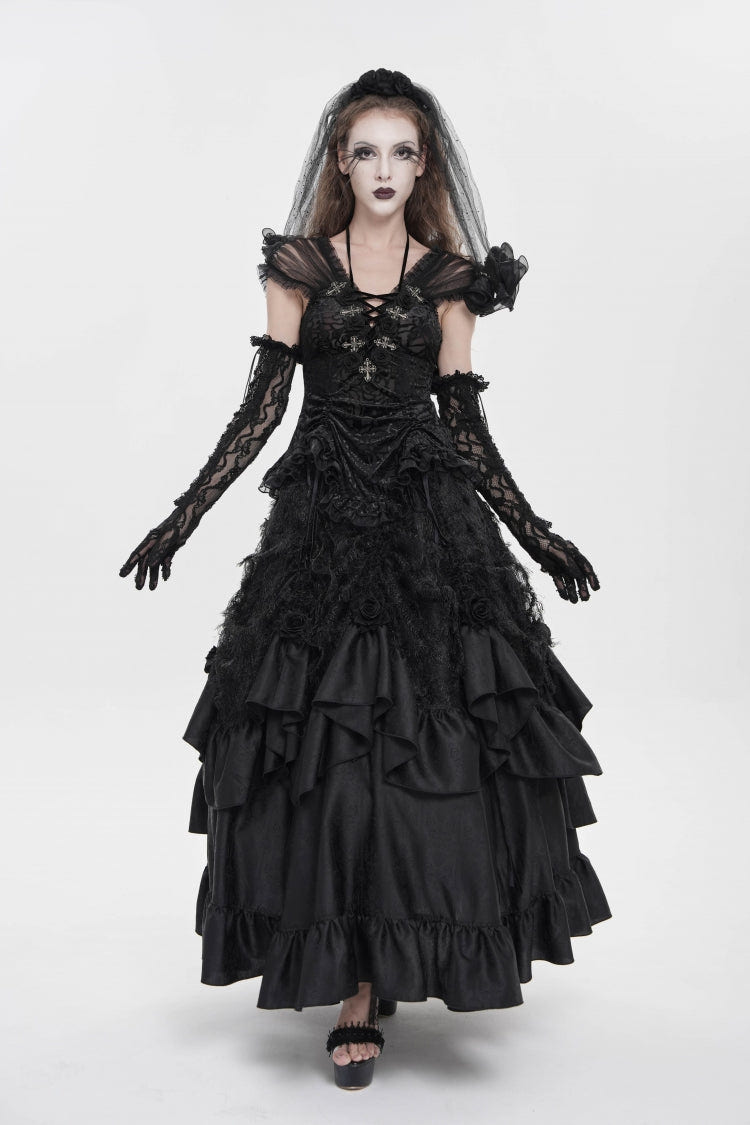Black V Collar Short Sleeves Embroidered Lace Lace-Up Slim Women's Gothic Top - Product - 9