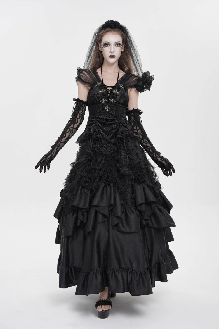 Black V Collar Short Sleeves Embroidered Lace Lace-Up Slim Women's Gothic Top - Product - 9