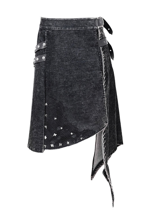 Black Band Metallic Nailed Punk Rock Worn Corduroy Wrapped Mens Skirt With Loops - Product - 6