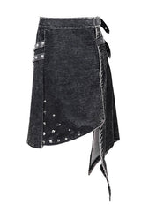 Black Band Metallic Nailed Punk Rock Worn Corduroy Wrapped Mens Skirt With Loops - Product - 6