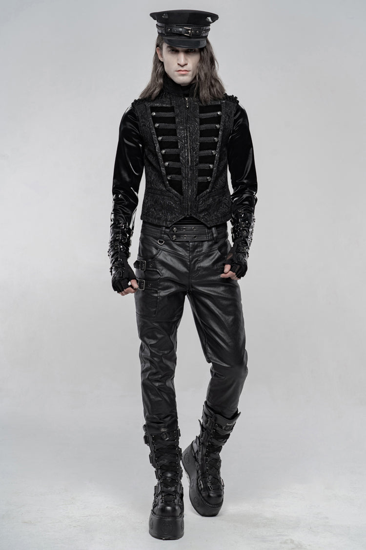 Black Stand Collar Jacquard Front Breasted Men's Gothic Vest - Product - 4