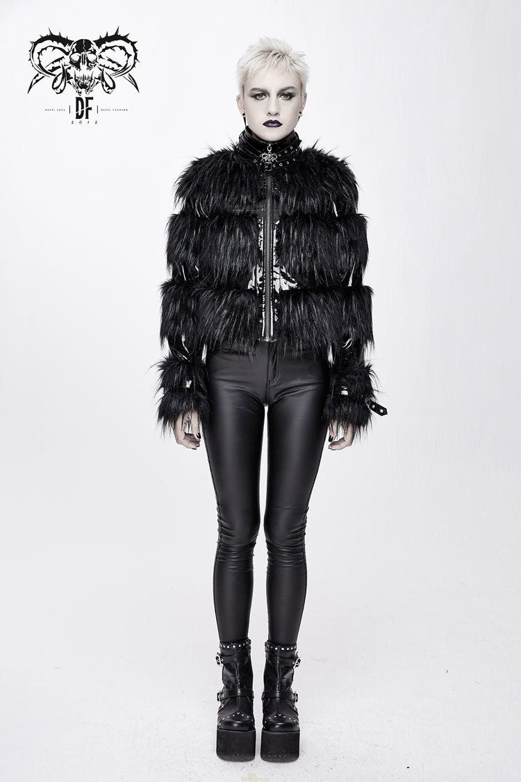 Black Metal Buckle Loop Stand Up Collar Splice Patent Leather Woolen Women's Punk Coat - Product - 4