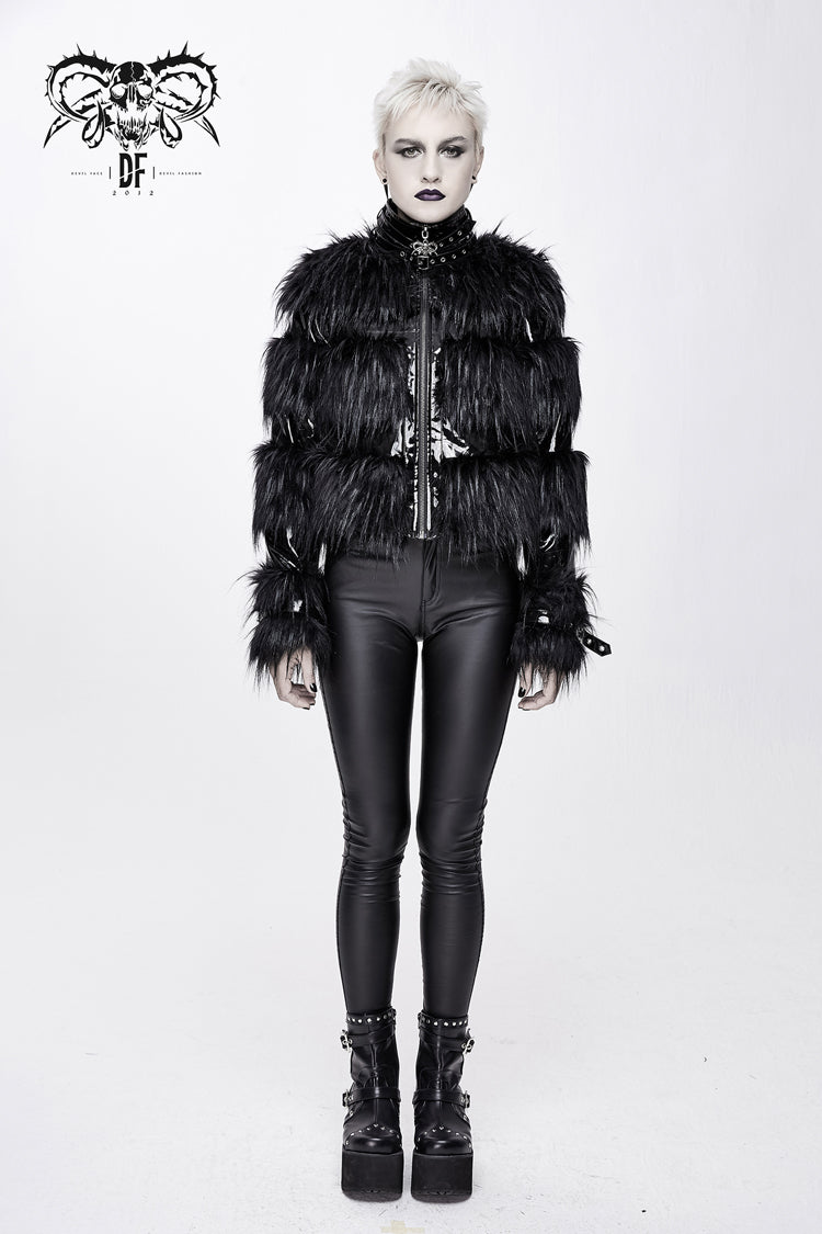 Black Metal Buckle Loop Stand Up Collar Splice Patent Leather Woolen Women's Punk Coat - Product - 4