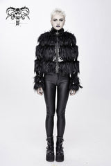 Black Metal Buckle Loop Stand Up Collar Splice Patent Leather Woolen Women's Punk Coat - Product - 4