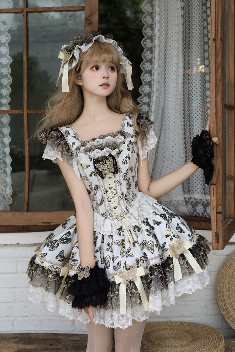Cream [Golden Spirit • Dream Butterfly] Sleeveless Print Ruffle Bowknot Lace-Up Sweet Princess Lolita Jsk Dress Set - Product - 6