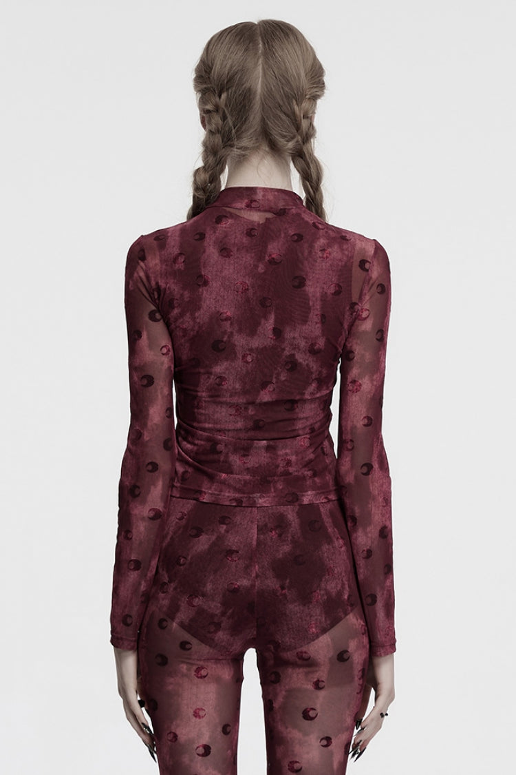 Red Moon Print Mesh Ruched Women's Gothic Blouse - Product - 2
