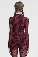 Red Moon Print Mesh Ruched Women's Gothic Blouse - Product - 2
