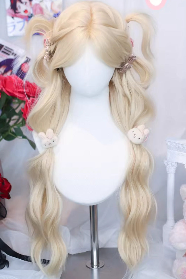 Beige Blonde Long Curly Sweet Lolita Wig Middle Part Curtain Bangs - Beige-Blonde - 1