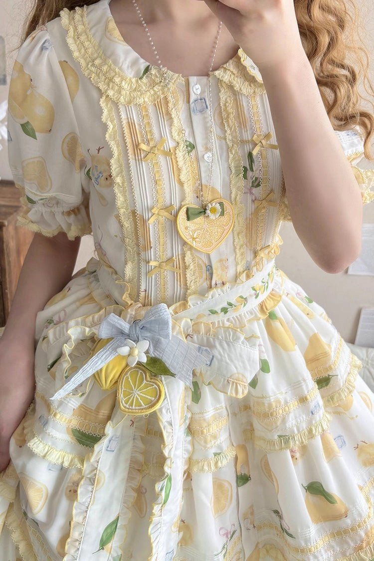 White [Lemon Chicken] Short Sleeves Triple-Layered Print Ruffle Bowknot Lace Sweet Gorgeous Lolita Dress - Product - 4