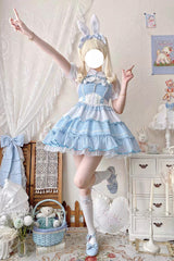 Blue/White [Cotton Cloud] Lapel Collar Ruffle Bowknot Lace-Up Sweet Lolita Jsk Dress - Product - 2