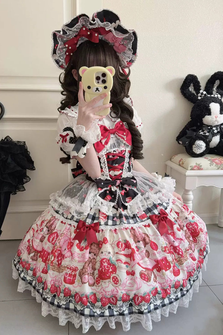 Red/Black [Sweet Berry Bunny Bear] Printed Bow Lace Lace-Up Sweet Lolita Jsk Dress - Product - 3