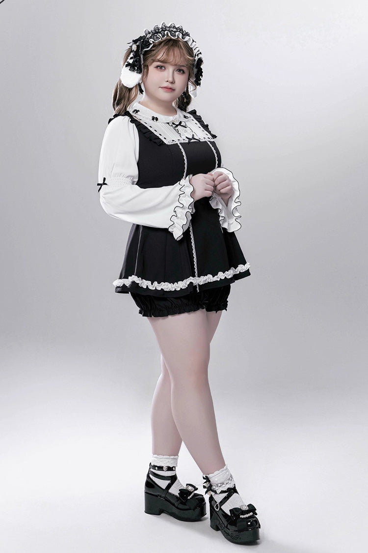 Black/White [Showcase Doll] Japanese Maid-Style Long Sleeves Ruffle Bowknot Jirai Kei Japanese Dress Shorts Set with Detachable Apron - Product - 11