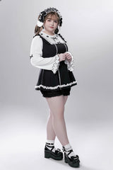 Black/White [Showcase Doll] Japanese Maid-Style Long Sleeves Ruffle Bowknot Jirai Kei Japanese Dress Shorts Set with Detachable Apron - Product - 11