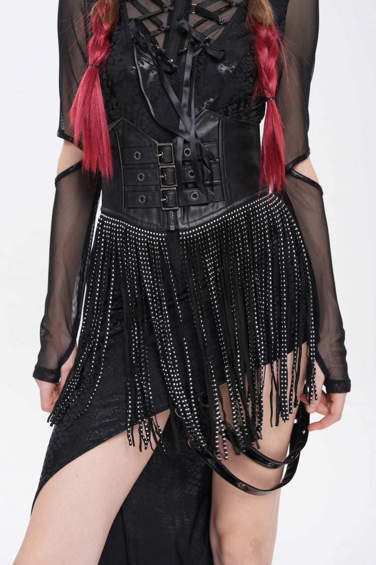 Black Lace Tassels Lace-Up Slim Buckled Women's Gothic Corset - Black - 1