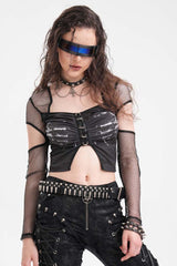 Black Long Sleeves Hollow Mesh Ripped Women's Punk Corset - Black - 1