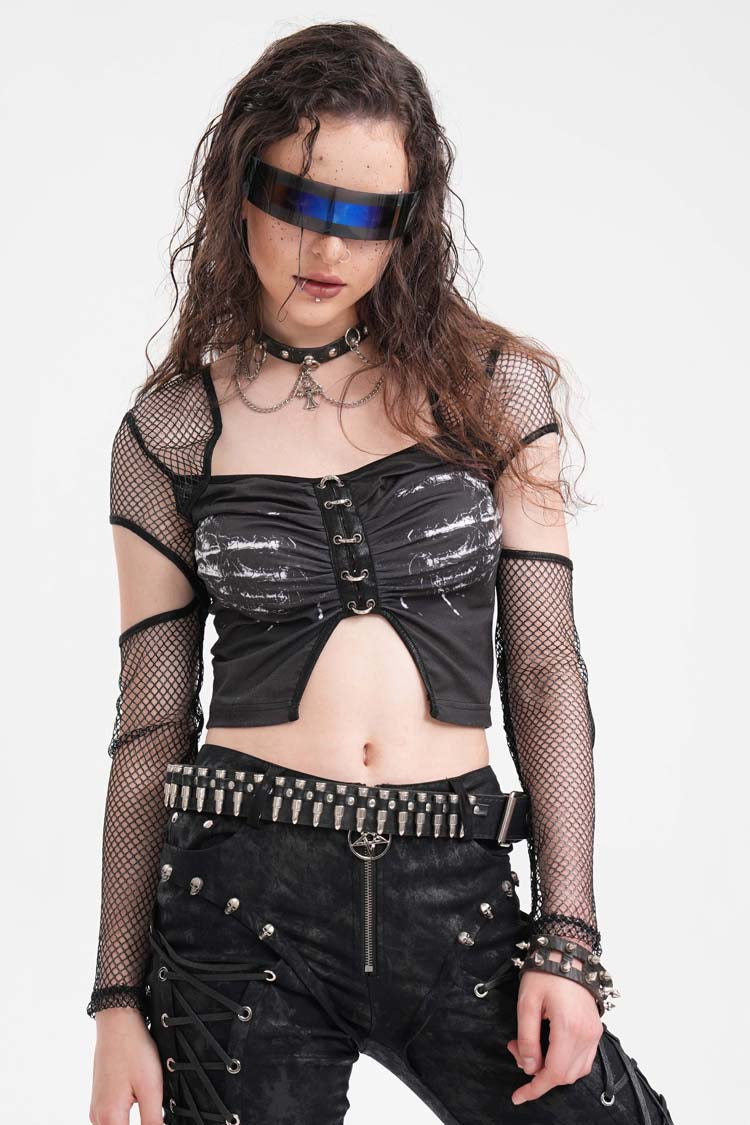 Black Long Sleeves Hollow Mesh Ripped Women's Punk Corset - Black - 1