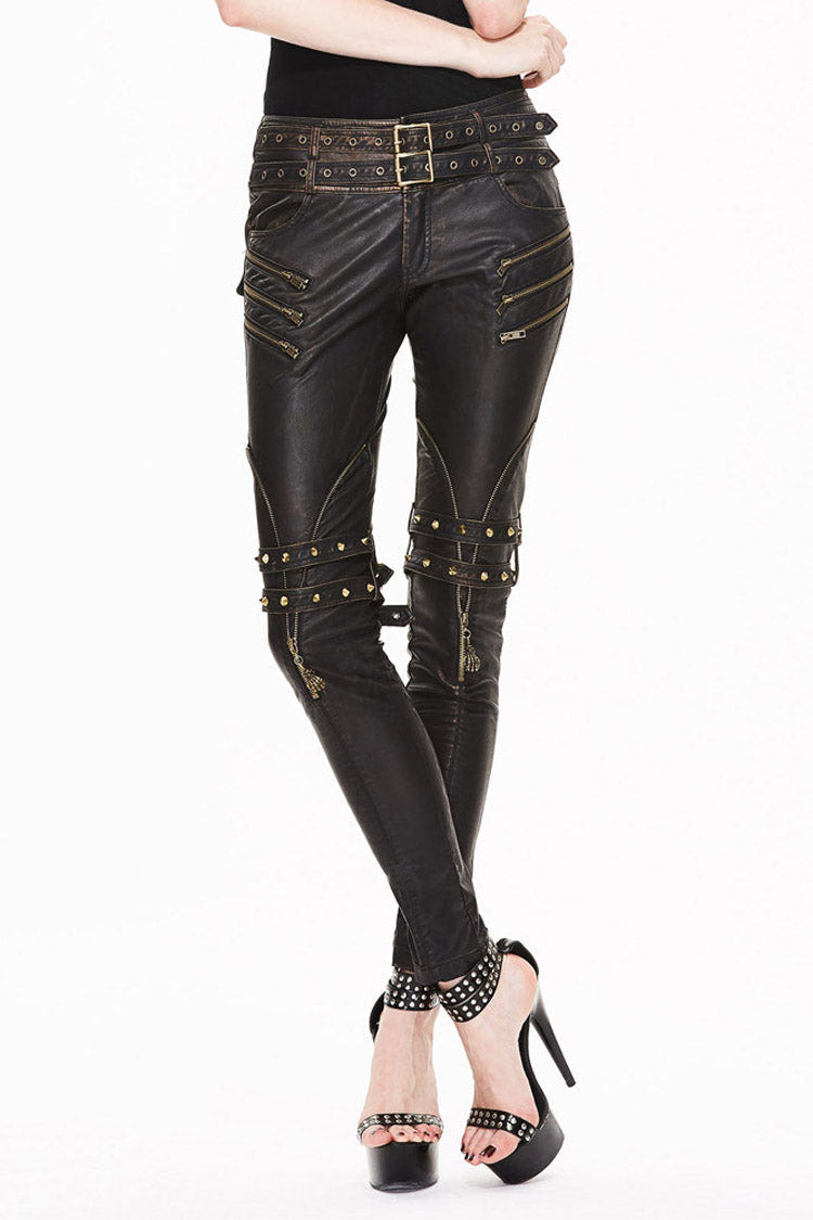 Brown Leather Metal Eyelets Belt Metal Buckle Leg Loop Hand-Rubbed Women's Punk Pants - Product - 3