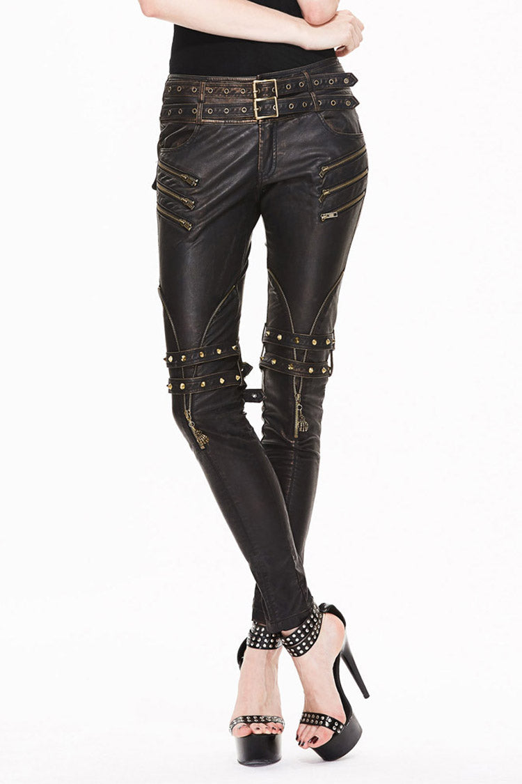 Brown Leather Metal Eyelets Belt Metal Buckle Leg Loop Hand-Rubbed Women's Punk Pants - Product - 3