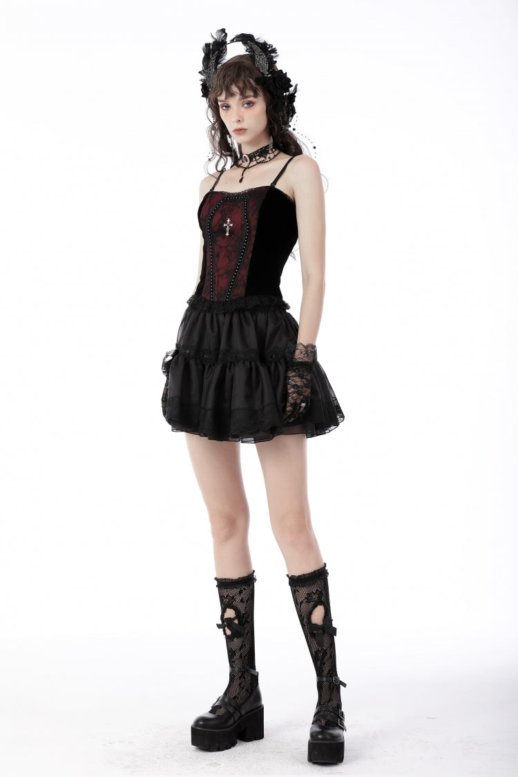 Dark Red Cross Shoulder Straps Jacquard Lace-Up Women's Gothic Overbust Corset - Product - 2