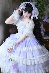 Purple [Lavender] Sleeveless Multi-Layered Print Ruffle Bowknot Lace-Up Sweet Elegant Lolita Jsk Dress Set - Product - 2
